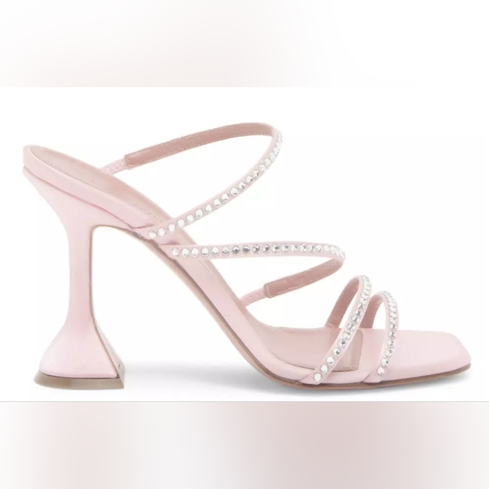 Amina Muaddi Naima Leather & Crystal Strappy Sandals Satin Baby Pink 36.5 NIB